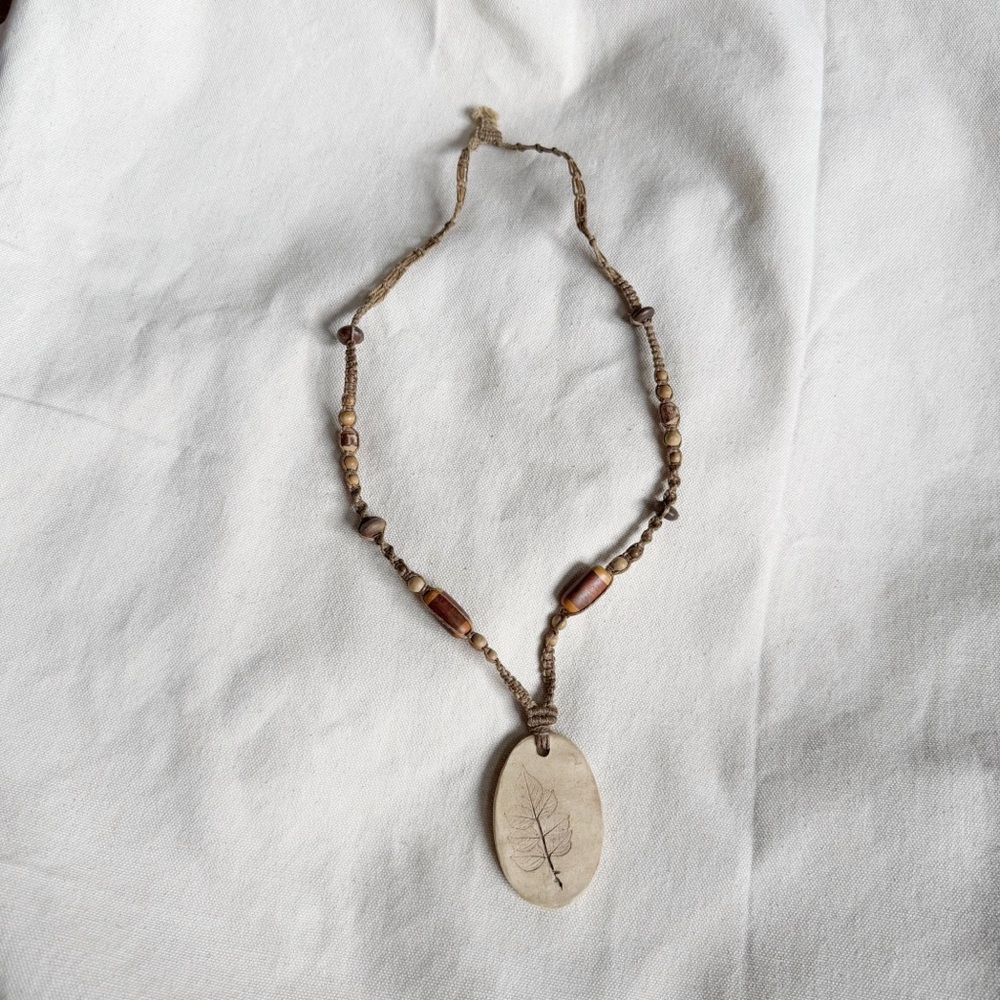 Handmade Natural Beaded Necklace with Pressed Leaf Clay Pendant